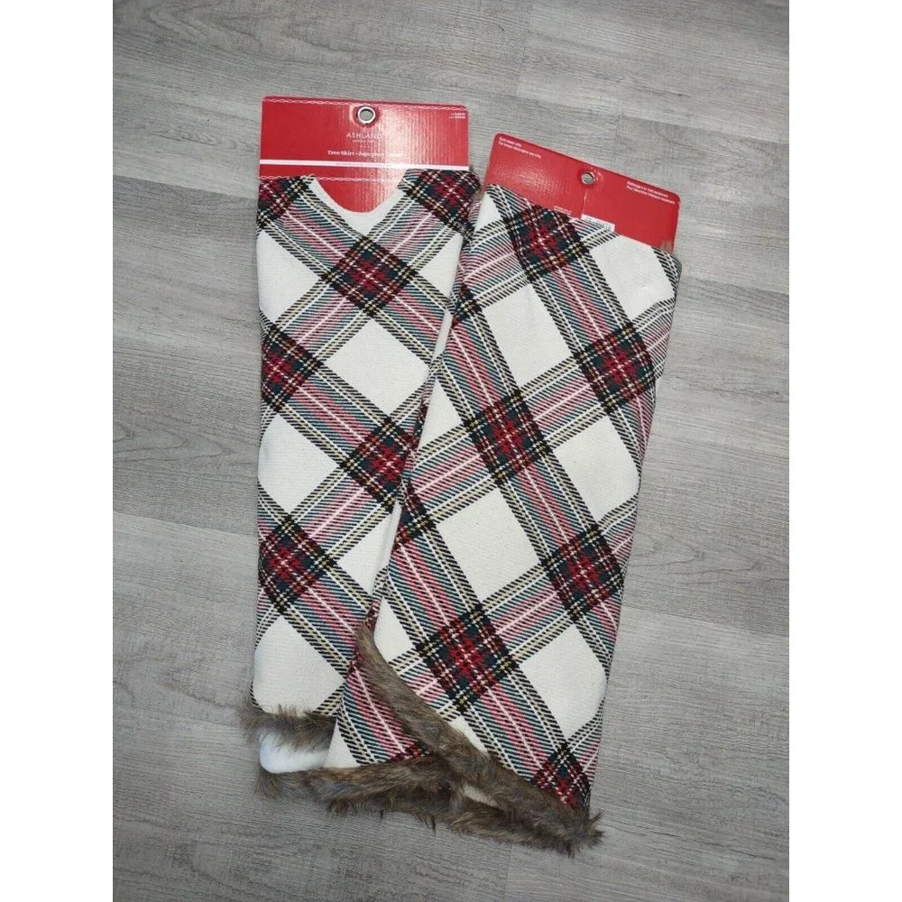 CHRISTMAS TREE Fabric Check SKIRT PLAID Faux Fur Trim Lined Ashland 48